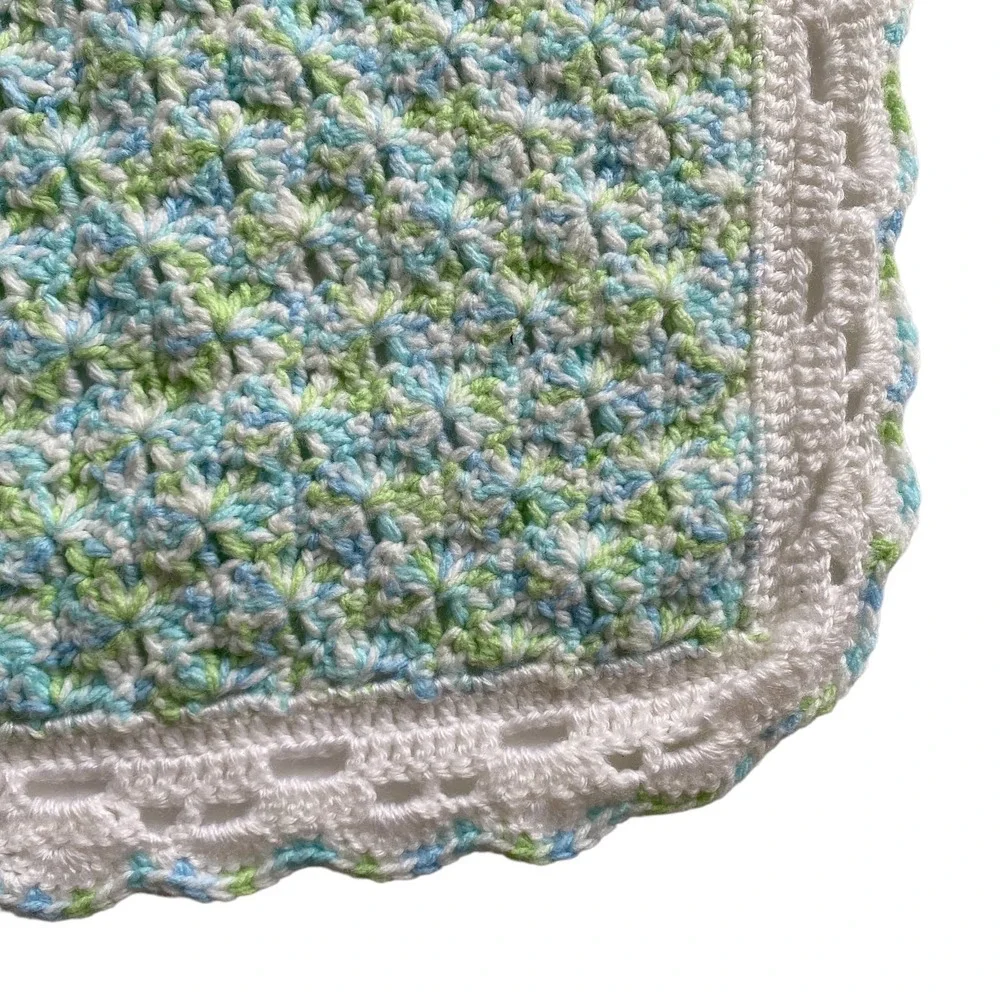 Handmade Knit or Crocheted Baby Blanket Pastel Colors Scalloped Edge